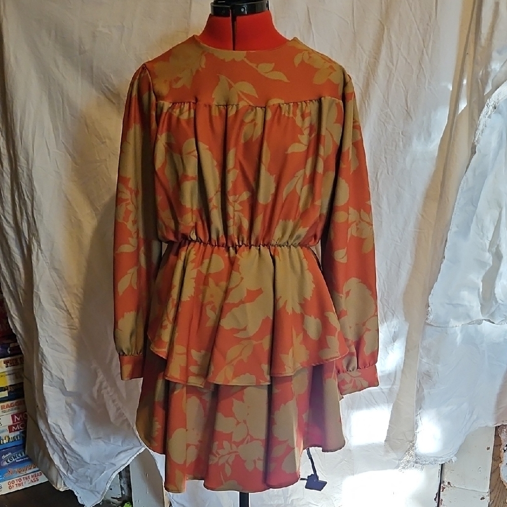 Floral Orange and Beige Long Sleeve Dress